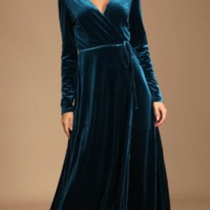 Jacinda Teal Blue Velvet Wrap Maxi dress.